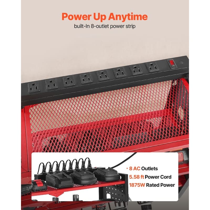 4-Tier Red Wall-Mounted Tool Organizer Rack with 8 Drill Slots and Pegboard Power Strip - 32.87 x 8.66 x 16.54 in