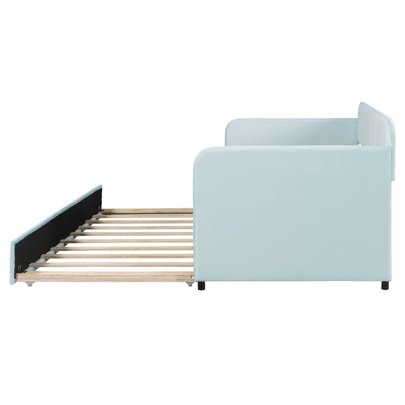 Light Blue Velvet Upholstered Twin Daybed with Trundle and Wood Slats