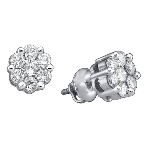 14k White Gold 1 Carat Round Diamond Flower Cluster Stud Earrings for Women