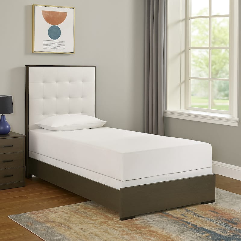 Hez Twin Size Bed, Tufted Cream White Headboard Upholstery, Dark Brown