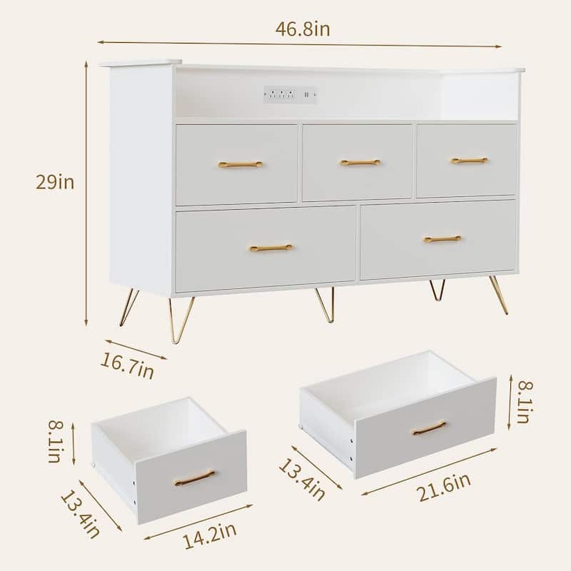 5 Drawer Dresser TV Stand for Bedroom with Charging Station & LED Lights