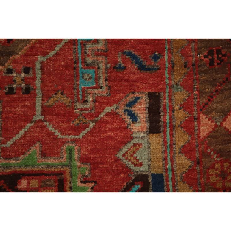 Hand Knotted Oriental 100% Wool Carpet Traditional Geometric Red Heriz Runner Rug - 10' 4'' X 3' 0''