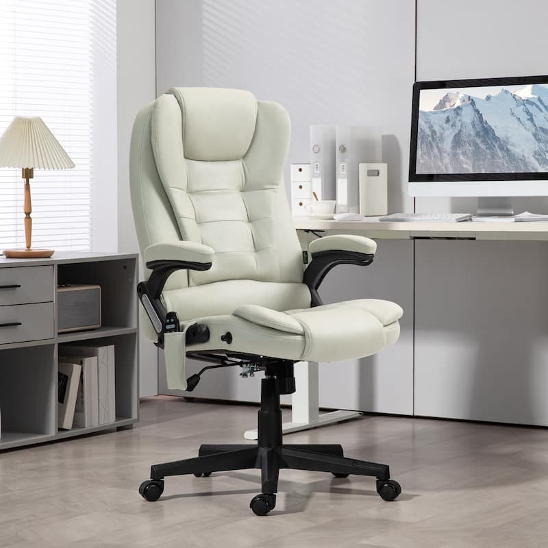 Beige 6 Point Vibrating Massage Office Chair with Heat, High Back Executive Office Chair with Reclining Backrest