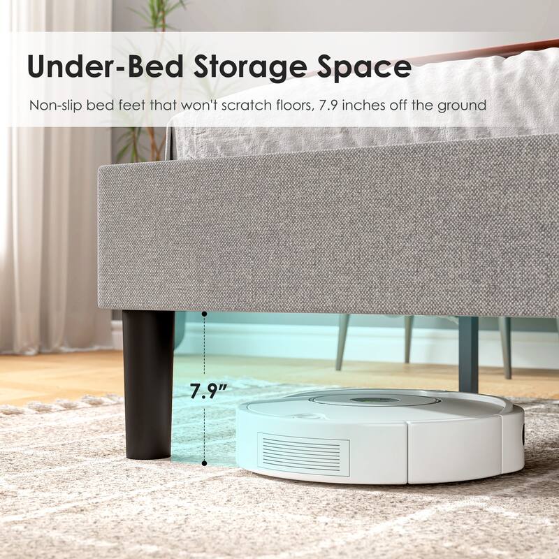 Modern Platform Bed Frame with Upholstered Headboard & Wooden Slats
