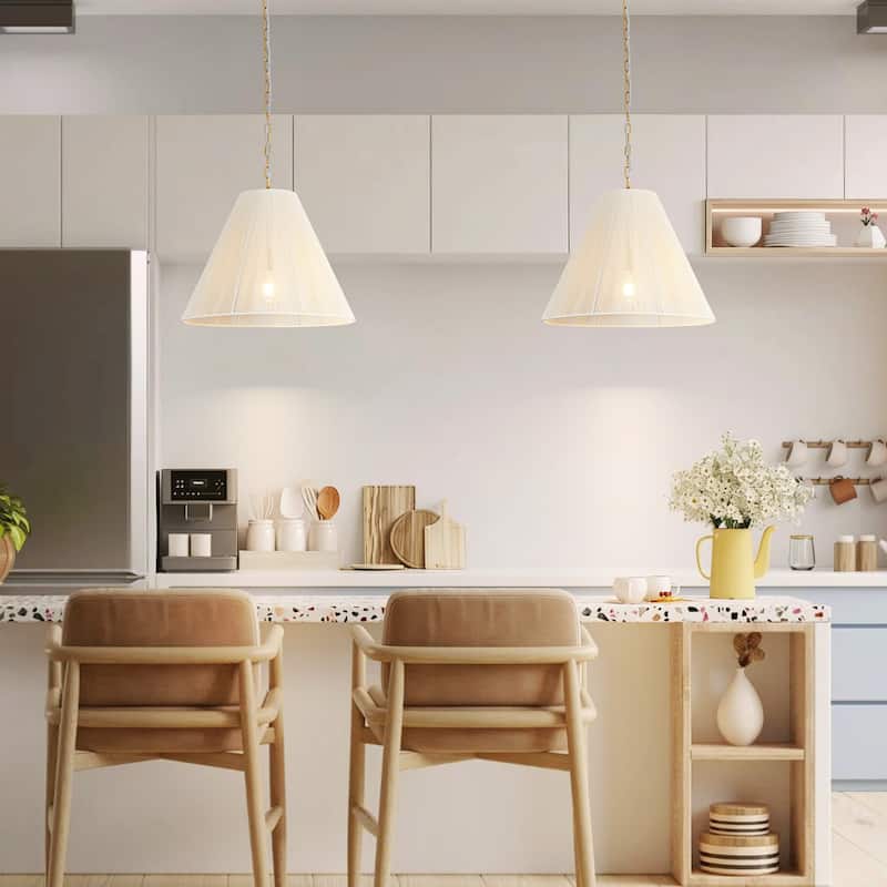 1-Light Brushed Gold Transitional Fabric Shade Cone Pendant Light with Adjustable Chain for Living & Dining Rooms