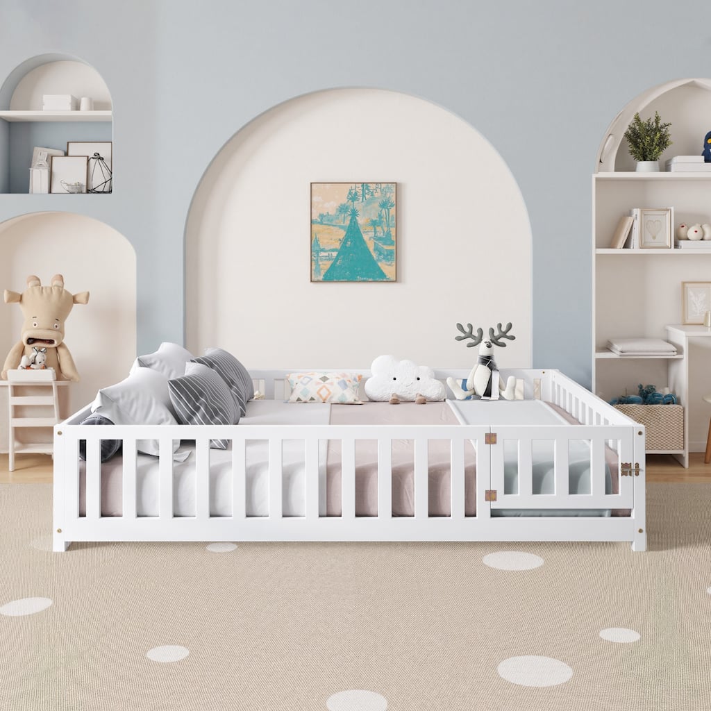 Full Size Floor Platform Bed with Fence and Door for Kids, Montessori Floor Bed Frame with Support Slats
