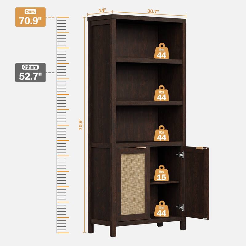 SICOTAS 5 Tier Adjustable Bookcase with Rattan Storage Cabinet