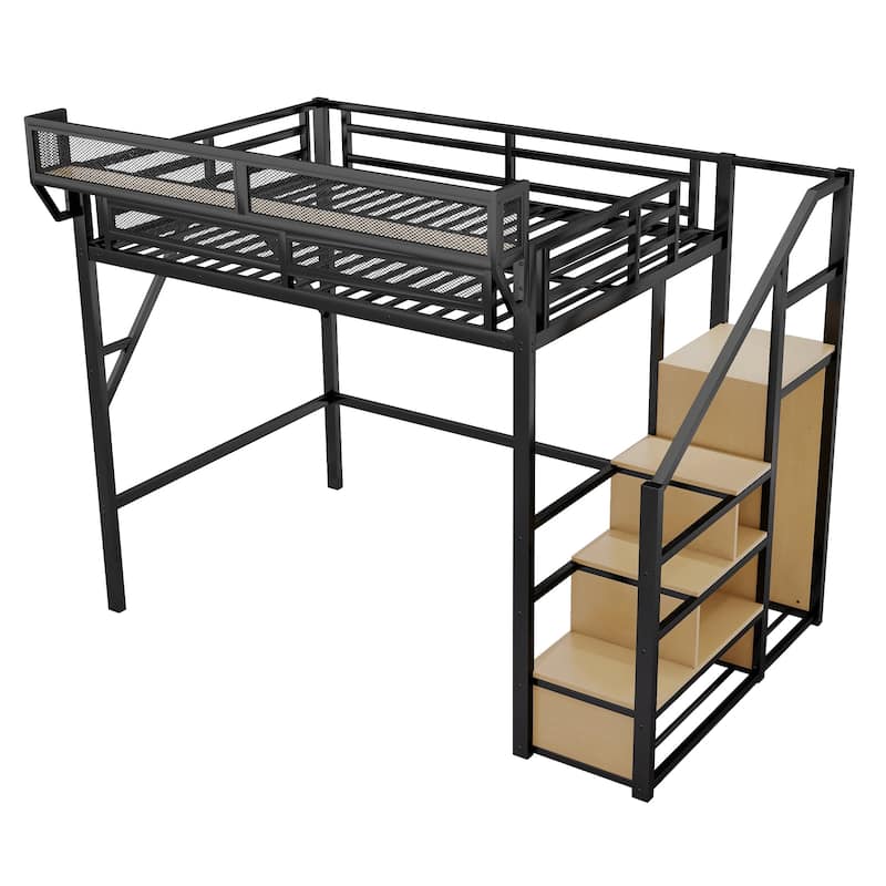 Full Size Metal Loft Bed with Stairs, Storage Shelves,Wardrobe