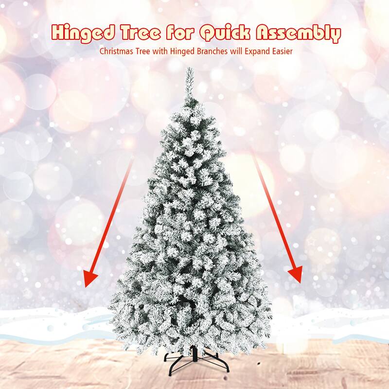 Gymax 6/7.5/9 FT Pre-Lit Christmas Tree Snow Flocked Hinged Pine Tree