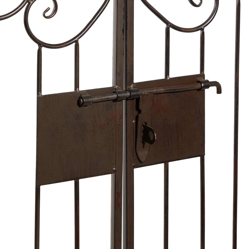 Dark Brown Metal Indoor Outdoor Scrollwork Arched Gate Garden Arbor with Pillars and Latch Lock Closure