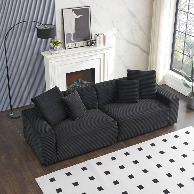 104.72-inch 4-seat Black Corduroy Sofa with 4 Throw Pillows for Living Room