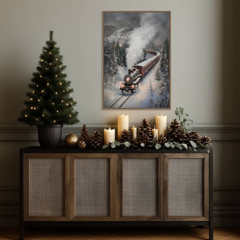 Snowfall Steam Train by Melloi Art Prints (23 x 33 in.), Framed Canvas Wall Art Print - Sylvie Beaded Dark Gold
