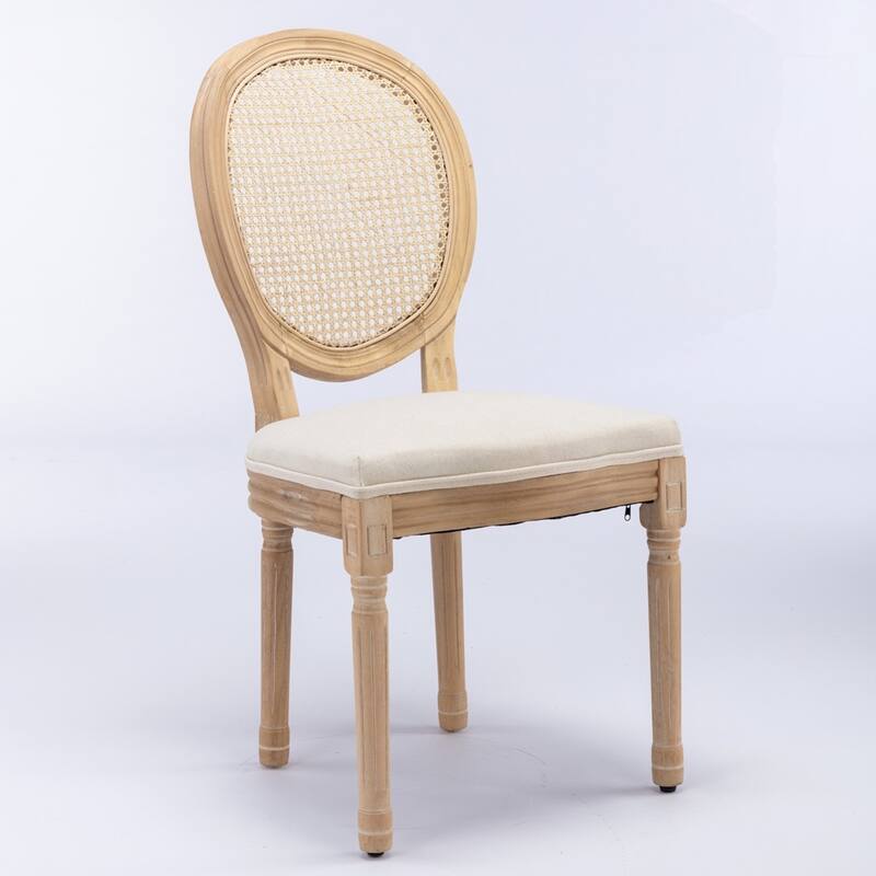 French Style Solid Wood Frame Antique Painting Linen Fabric Back Dining Chair