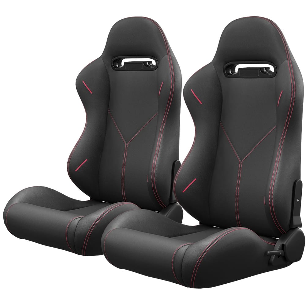 2PC Bucket Racing Seats Red Stitch Red Reclinable Leather Back,Adjustor Slider,Not Including Seat Bracket,1 box of 2 pieces