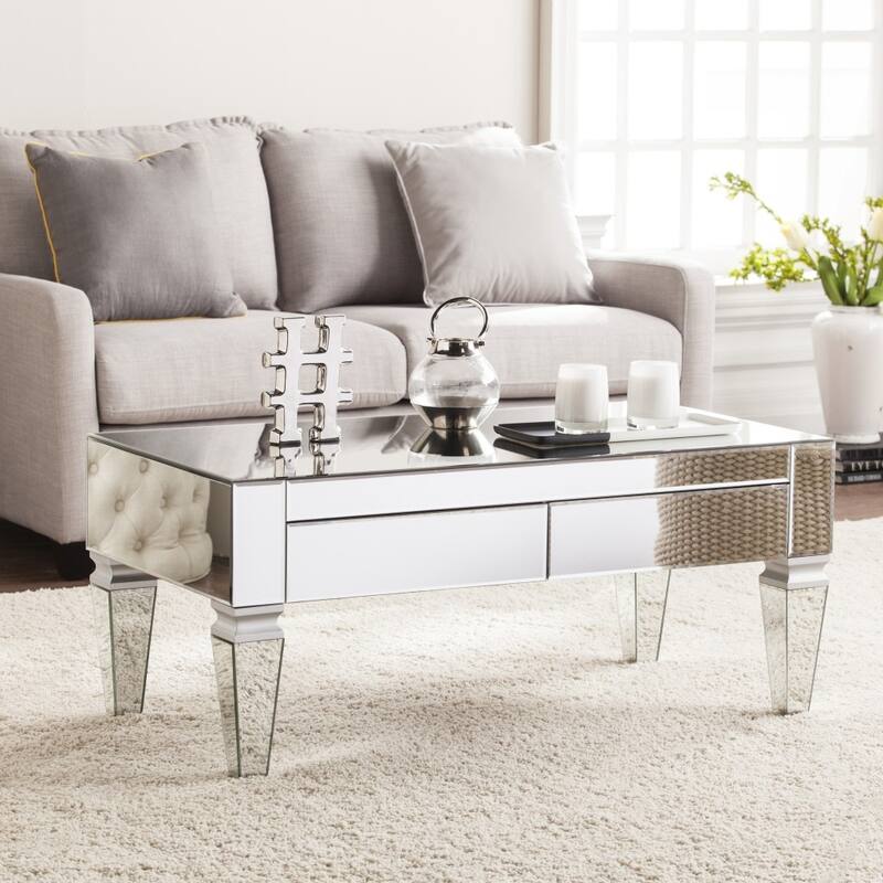 41" Silver Glass Mirrored Coffee Table with Iron Base for Living Room - 18" H x 41" W x 21" D