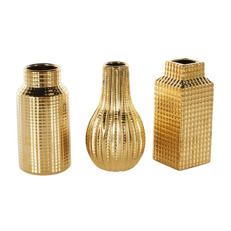 Ceramic Geometric Dimensional Textured Decorative Vase with Varying Shapes - Set of 3 Gold, Silver, Cream - Roche River Decor