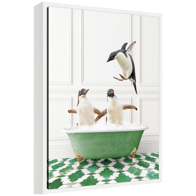 Kate and Laurel Sylvie Penguins in Eclectic Green Panel Wall Bathtub Framed Canvas by Amy Peterson - White