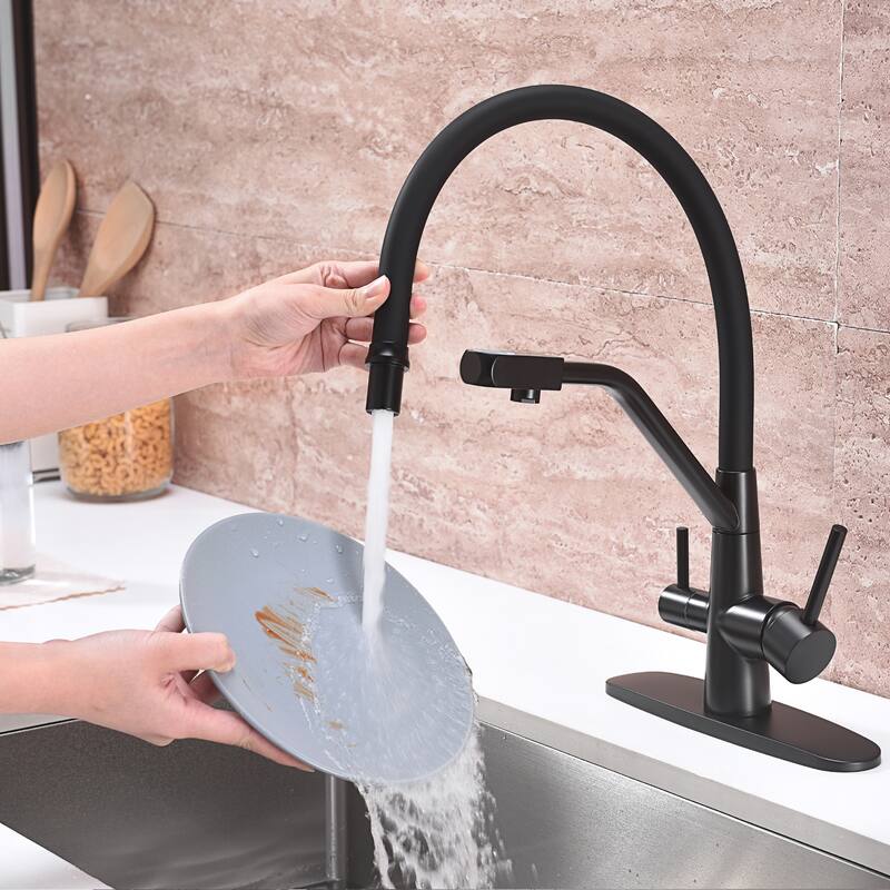 Dynamic Dual Handle Pull Out Kitchen Faucet with Soap Dispenser