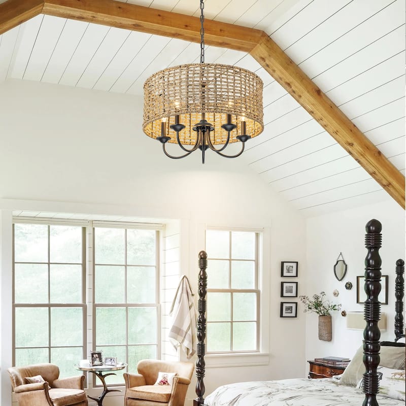 5-Light Modern Boho Hand Woven Drum Chandelier with Farmhouse Natural Rattan Shade - 19.6 in. W x 8.2 in. H