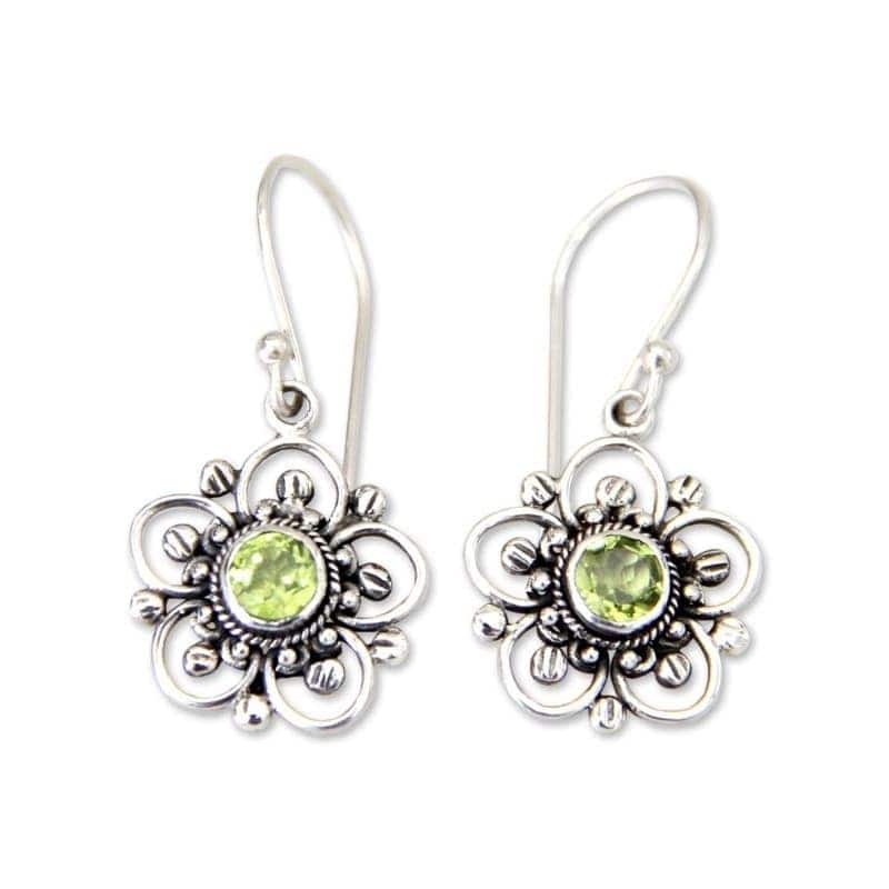NOVICA Nature's Gift Artisan Handmade Women's Clothing Accessory Sterling Silver Green Peridot Flower Dangle Drop Earrings - Green - Green - Peridot - White