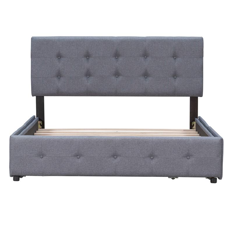 Dark Grey Tufted Design Upholstered Bed Queen Size Platform Bed with 4 Storage Drawers, No Box Spring Needed Slats Bed Frame