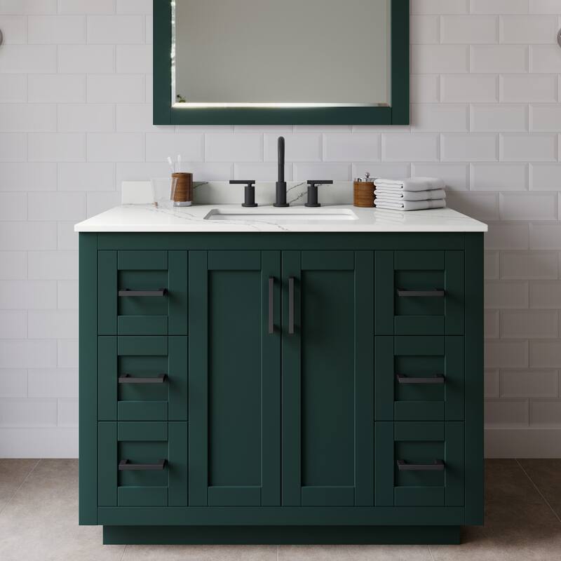 Wyndham Collection WCF292942S-QTZ-US3M34 Miranda 42" Free Standing - Green / Giotto Quartz Top / Matte Black Hardware
