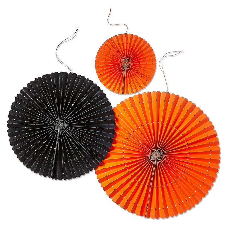 Set of 3 Halloween Paper Fans Decor - Multicolor Decorative Sculptures, 17" Dia, Holiday Decor, Easy Dust Clean