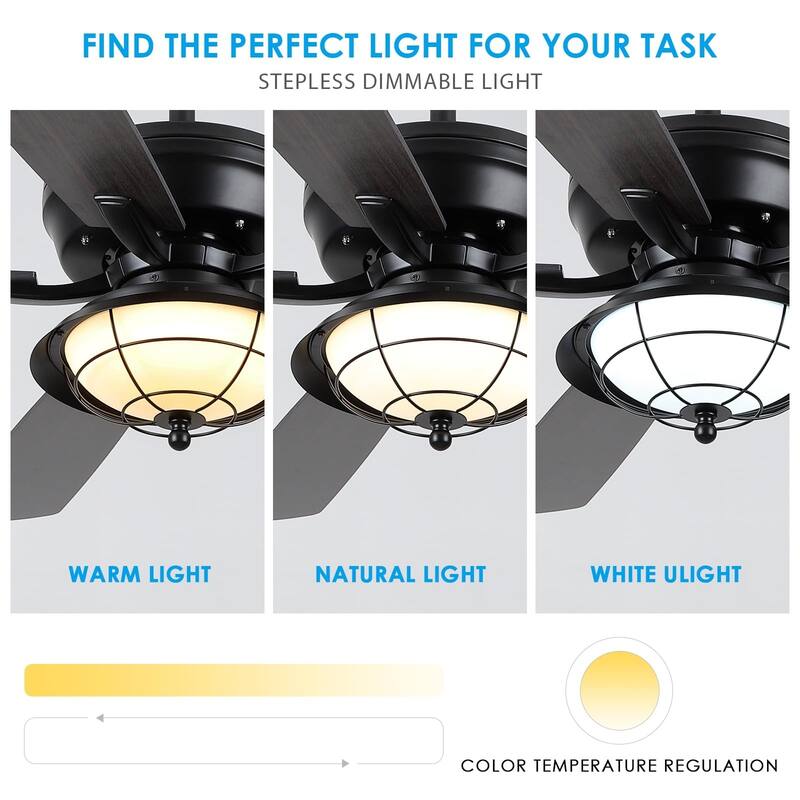 52 Inch Indoor and Outdoor Farmhouse Ceiling Fan with Light DC motor Wooden Blades Waterproof