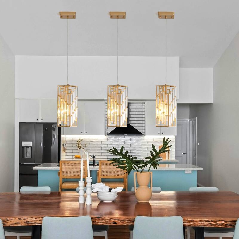Modern Crystal Pendant Light - 3 Pack, Adjustable Hanging Ceiling Lamp with Crystal Prism Design for Dining Room, Living Room - Gold