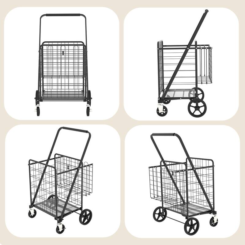 Foldable Grocery Shopping Cart w/ Brake & Double Basket and 360 Rolling Swivel Wheels