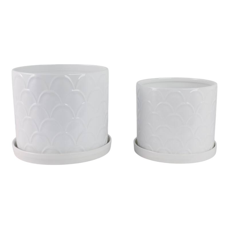 Ceramic Scallop Embossed Planters - Set of 2, 12",10", White - 11.75"