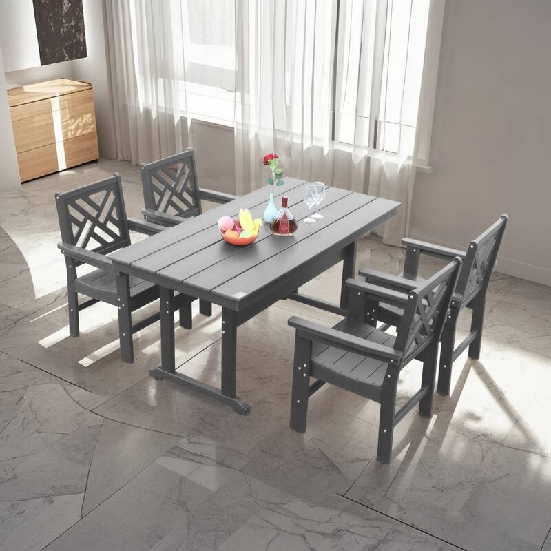 5 Piece Outdoor Dining Table and Chair Set, Garden Wooden Furniture Set, Rectangular Table with Umbrella Hole and 4 Chairs