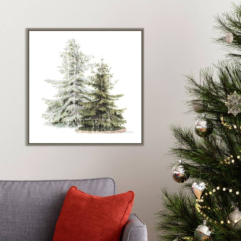 Vintage Wooded Holiday Trees in Snow by Katie Pertiet Framed Canvas Wall Art