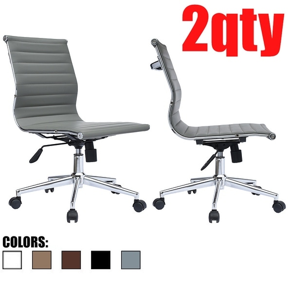 White Armless Computer Office Desk PU Chair Mid Back Leather Adjustable Height 