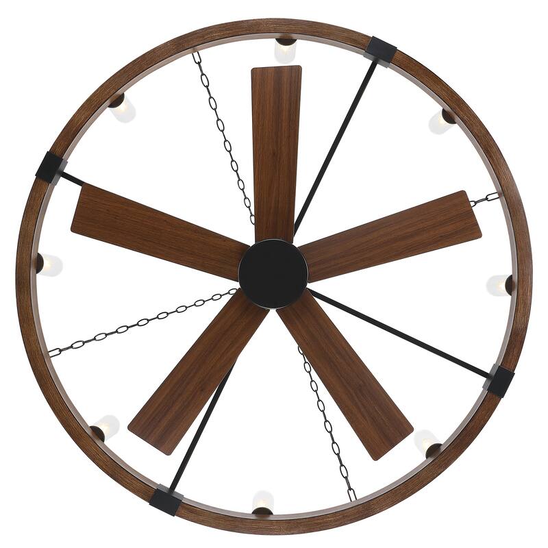 52" Farmhouse Black Wagon Wheel Caged Chandelier Ceiling Fan with Light and Remote