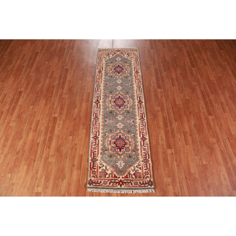Hand Knotted Oriental 100% Wool Carpet Traditional Geometric Greys & Charcoal Heriz (serapi) Runner Rug - 8' 2'' X 2' 6''