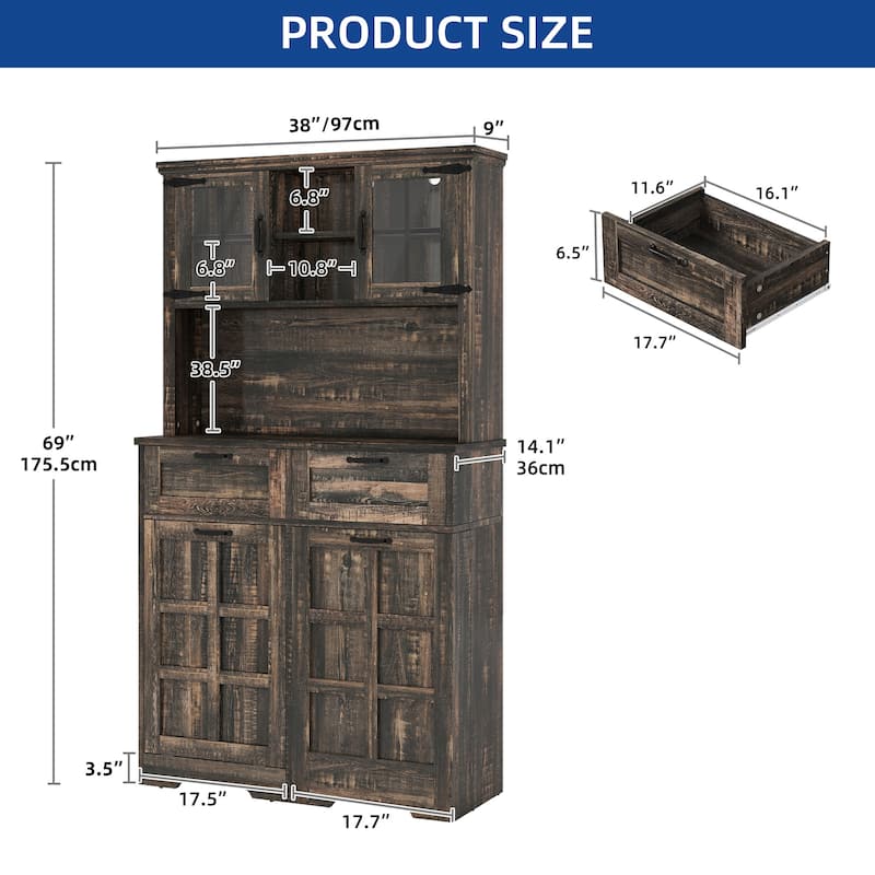 Moasis 69" H Farmhouse Kitchen Pantry Storage Cabinet with Trash Cabinet, Drawers and Door