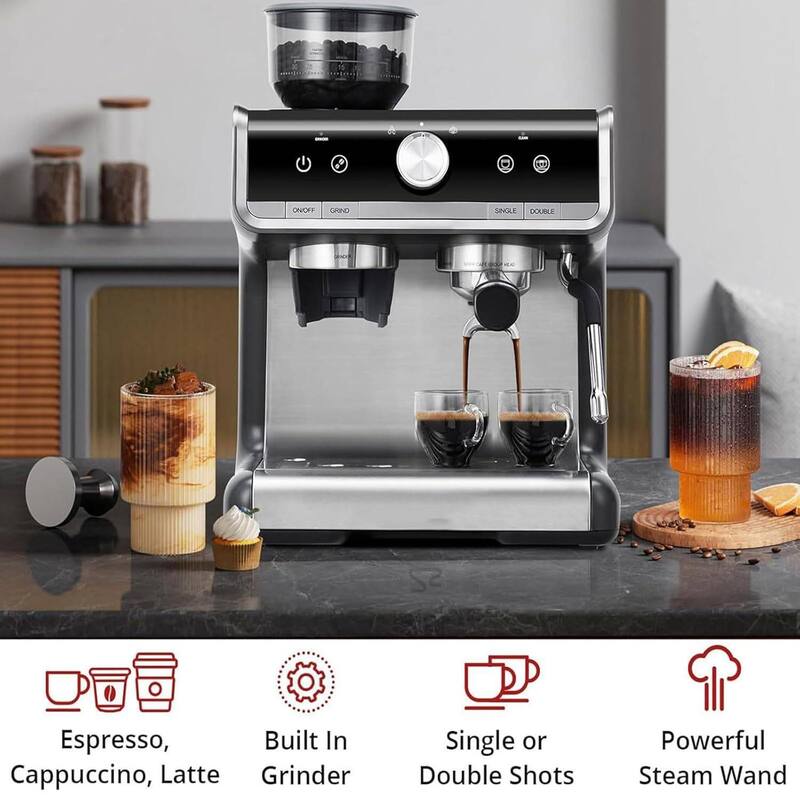 20 Bar Barista-Grade Espresso Machine with Conical Burr Grinder & Steam Wand, Dark Grey