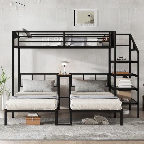 slide 2 of 12, Twin XL over Twin & Twin Bunk Bed Metal Triple Bunk Bed with Foldable Desk, Storage Stairs Shelves and Safety Guardrails Black - Twin XL