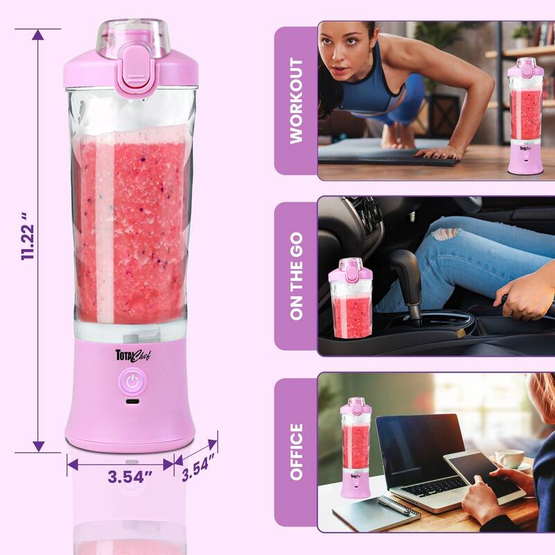 Total Chef Cordless Portable Blender, 20 oz (600 mL) Personal Blender, USB Rechargeable, Lilac Pink