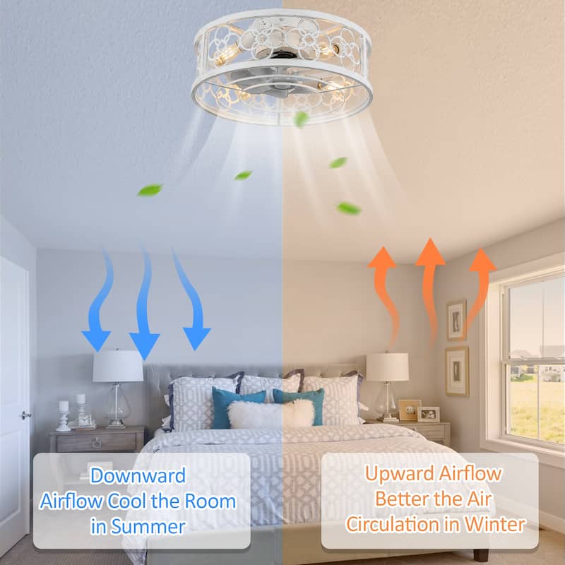20" Vintage Cream White Caged Light Ceiling Fan, Flush Mount Drum Shaped Classic Ceiling Fan for Bedroom