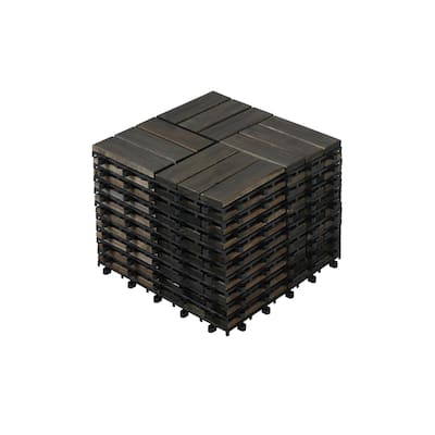Acacia Wood Interlocking Deck Tiles Checker Pattern, 10PCS 12" x 12" Square Dark Brown Acacia Hardwood Outdoor Flooring