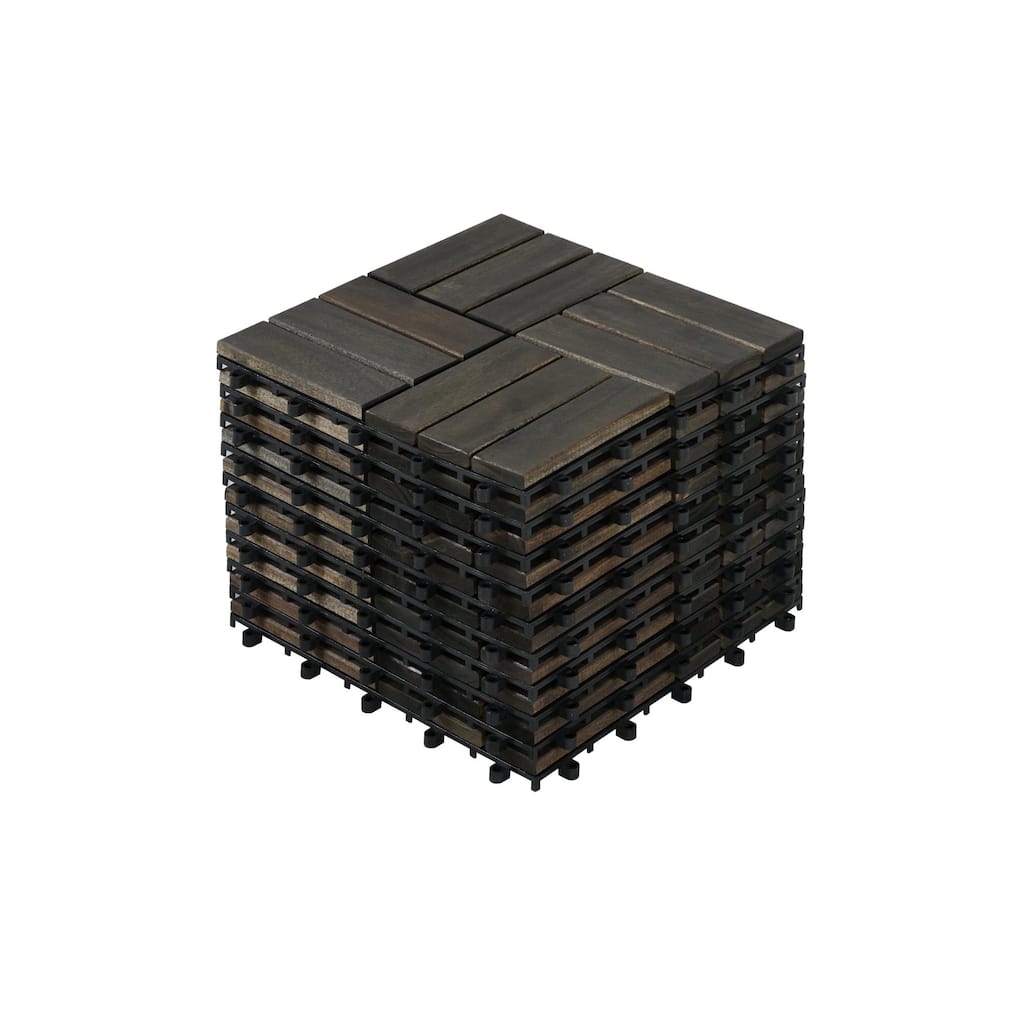 Acacia Wood Interlocking Deck Tiles Checker Pattern, 10PCS 12" x 12" Square Dark Brown Acacia Hardwood Outdoor Flooring