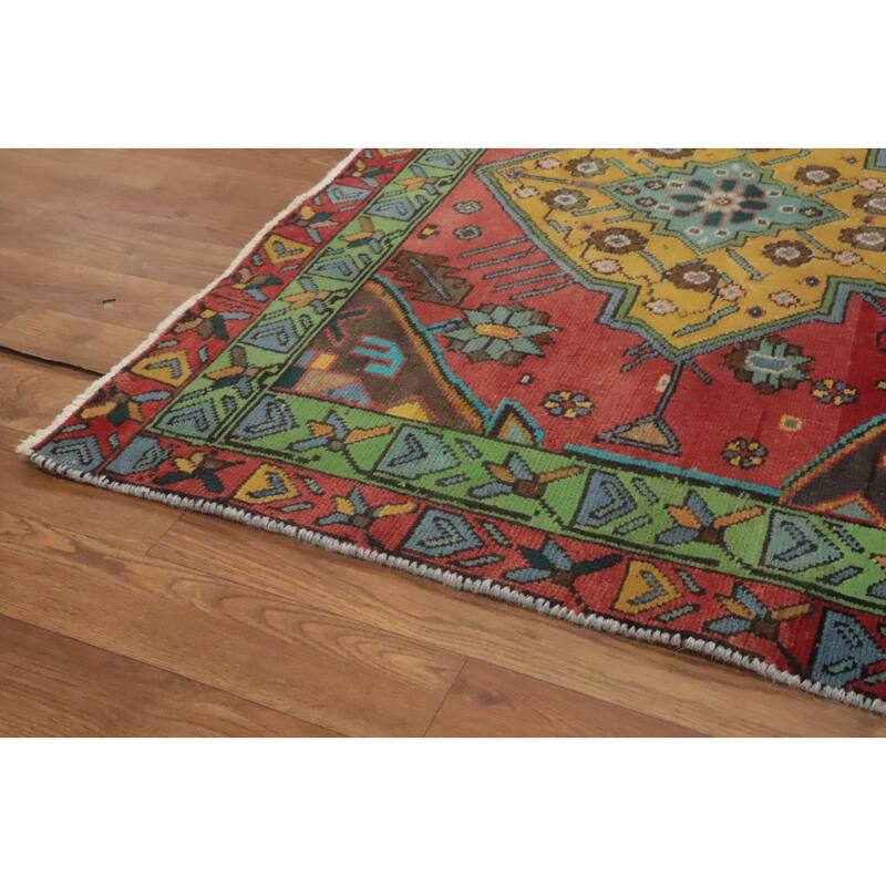 Hand Knotted Oriental 100% Wool Carpet Traditional Geometric Red Tabriz Runner Rug - 13' 11'' X 4' 1''