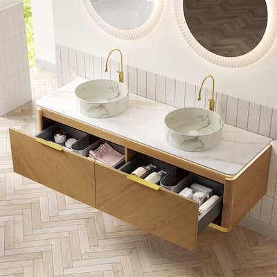 60" Floating Bathroom Vanity with Sensor Light and Marble Vessel Sink