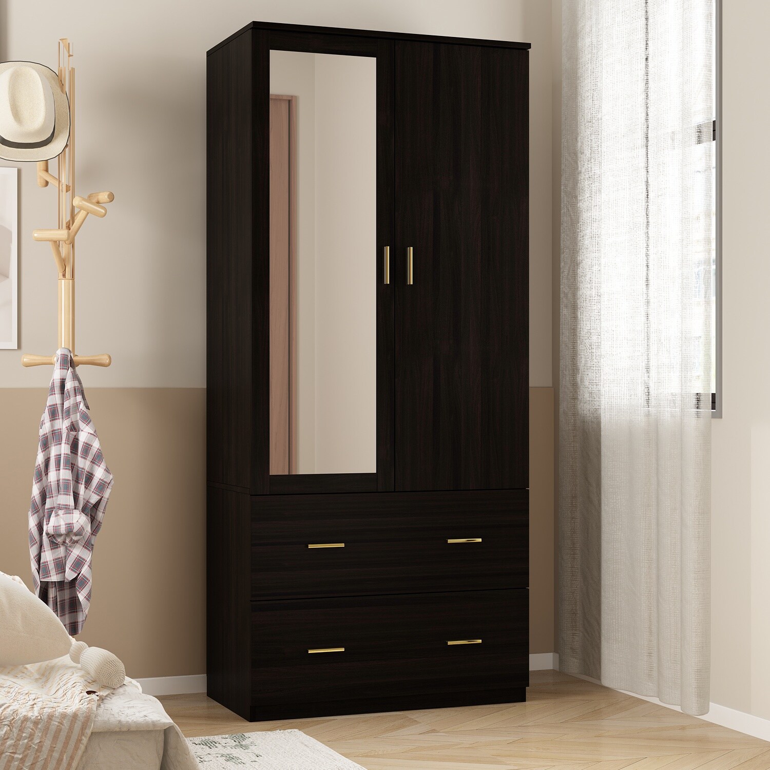 Kerrogee Bedroom Armoire Wardrobe with Mirror and Storage Drawers for Organized Spaces-image