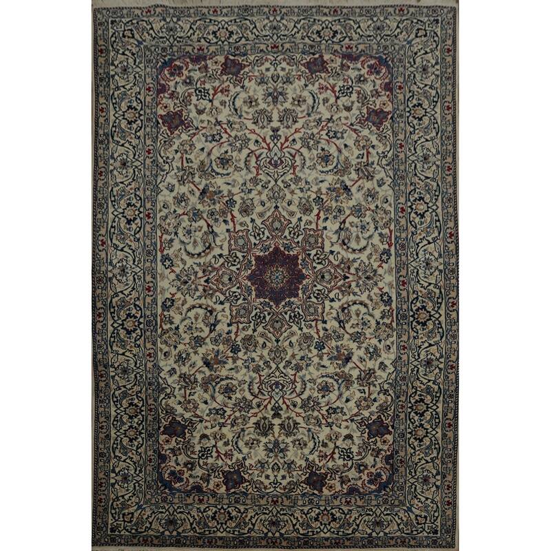 Hand Knotted Oriental Wool & Silk Carpet Traditional Floral Beige & Ivories Nain Area Rug - 8' 5'' X 5' 6''