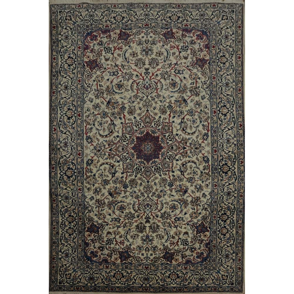 Hand Knotted Oriental Wool & Silk Carpet Traditional Floral Beige & Ivories Nain Area Rug - 8' 5'' X 5' 6''