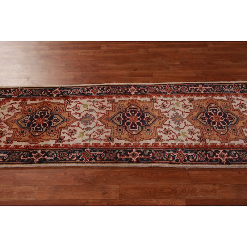 Hand Knotted Oriental 100% Wool Carpet Traditional Geometric Beige & Ivories Heriz (serapi) Runner Rug - 8' 0'' X 2' 5''