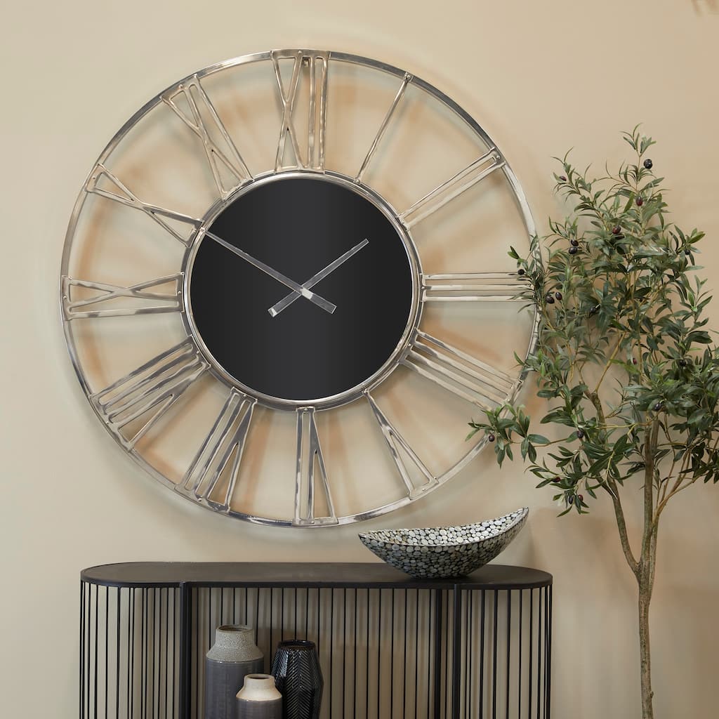 Silver Aluminum Metal Open Frame Geometric Decorative Wall Clock with Black Glass Center